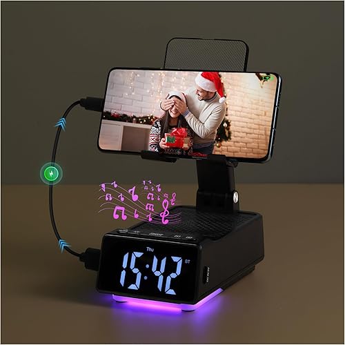 Miniatura 10 de Regalos para hombres y mujeres - Soporte para teléfono celular con altavoz Bluetooth, soporte para teléfono con cargador (5000 mAh), sonido