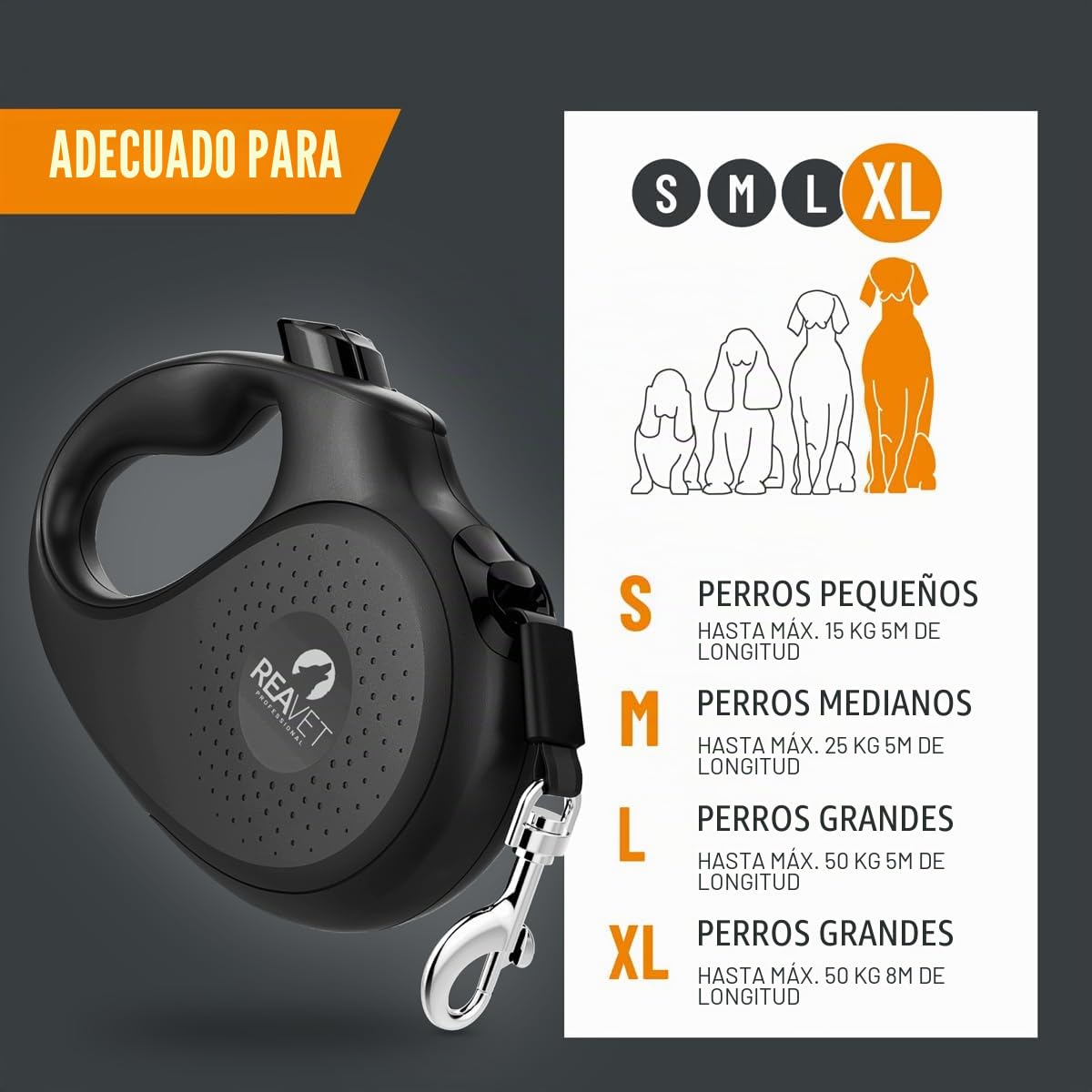ReaVET Rollleine Hundeleine extensible 8m para perros grandes (XL) | Mango ergonómico y antideslizante | Correa de perro retráctil, correa extensible robusta con sistema de parada de freno | Correa de
