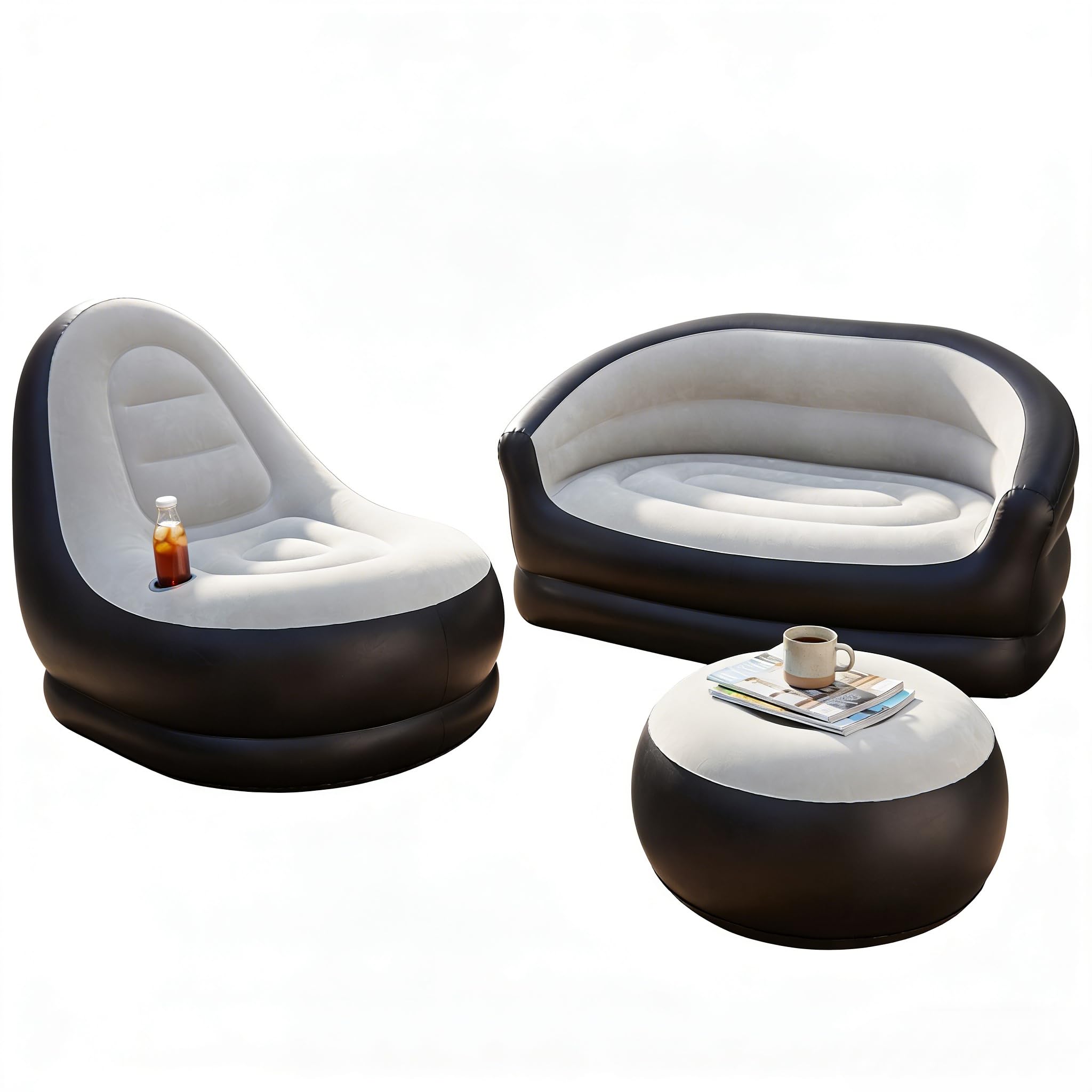 COSTWAY Conjunto Sofás Hinchables, 1 Sofá de 2 Plazas + 1 Sofá con Otomana, Sofás Portátiles para Adultos con Superficie Flocada, Sillones Inflables para Exterior Interior Camping Viajes,Sin Bomba