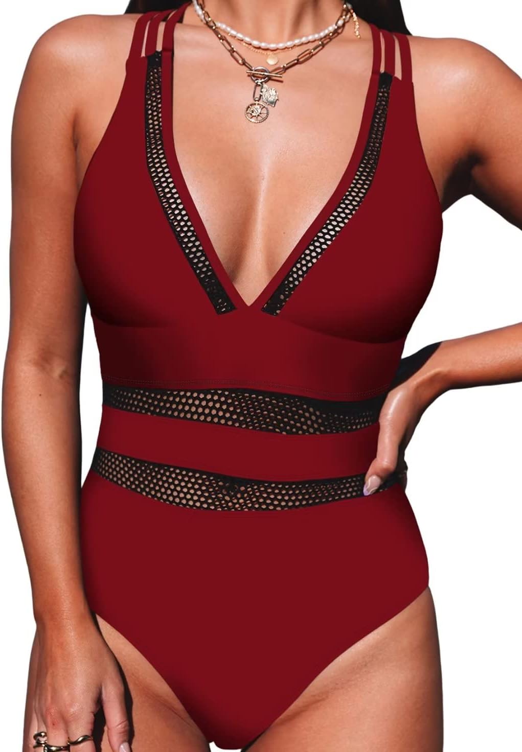 GOSOPINWomens V Neck Sleeveless Mesh Hollow Out One Piece Swimsuit Cross Back Swimwear Swimming Costume