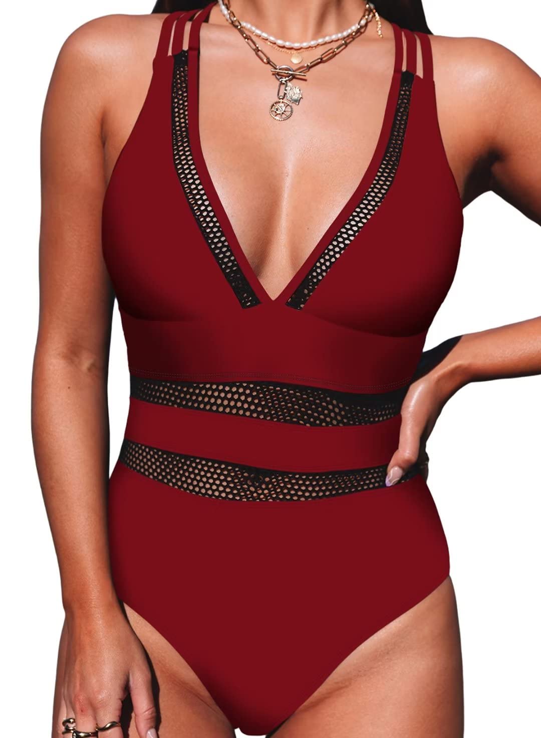 GOSOPINWomens V Neck Sleeveless Mesh Hollow Out One Piece Swimsuit Cross Back Swimwear Swimming Costume