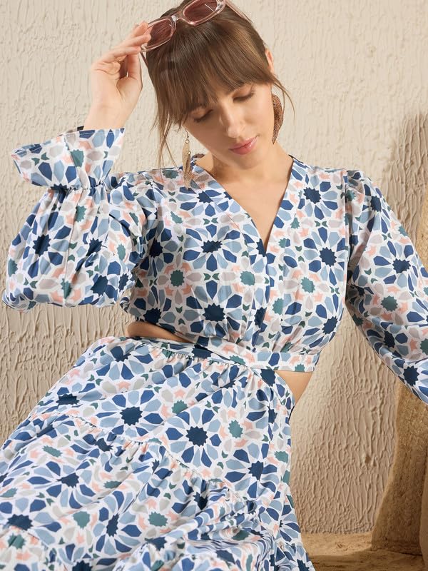 Image of SASSAFRAS Teal Blue Geometric Print Waist Cut Out Maxi Dress-L