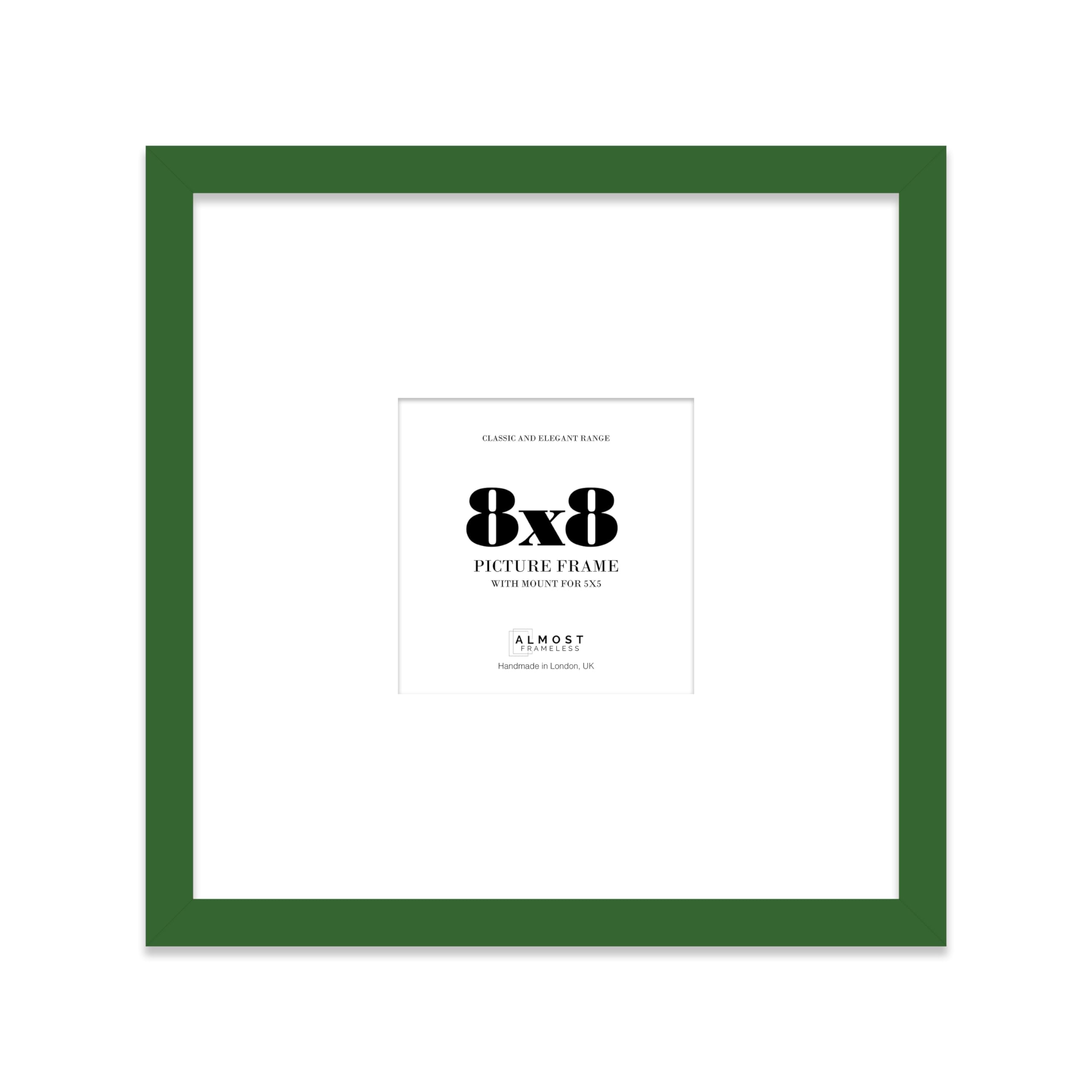 Almost Frameless 8x8 Square Picture Frame, Display Pictures 5x5 With Mat or 8x8 Without Mat, Wall Hanging & Free Standing Photo Frame, Green, 1 Pack