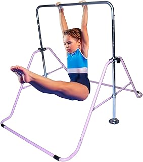 GymPro Gymnastics Bar for Kids, Folding Kip Bar with 4 Height Adjustable Levels, Expandable Horizontal Bar Junior Gymnastic Training Bar for Children Home Gymnastics Training Asymmetric Bar (Pink)