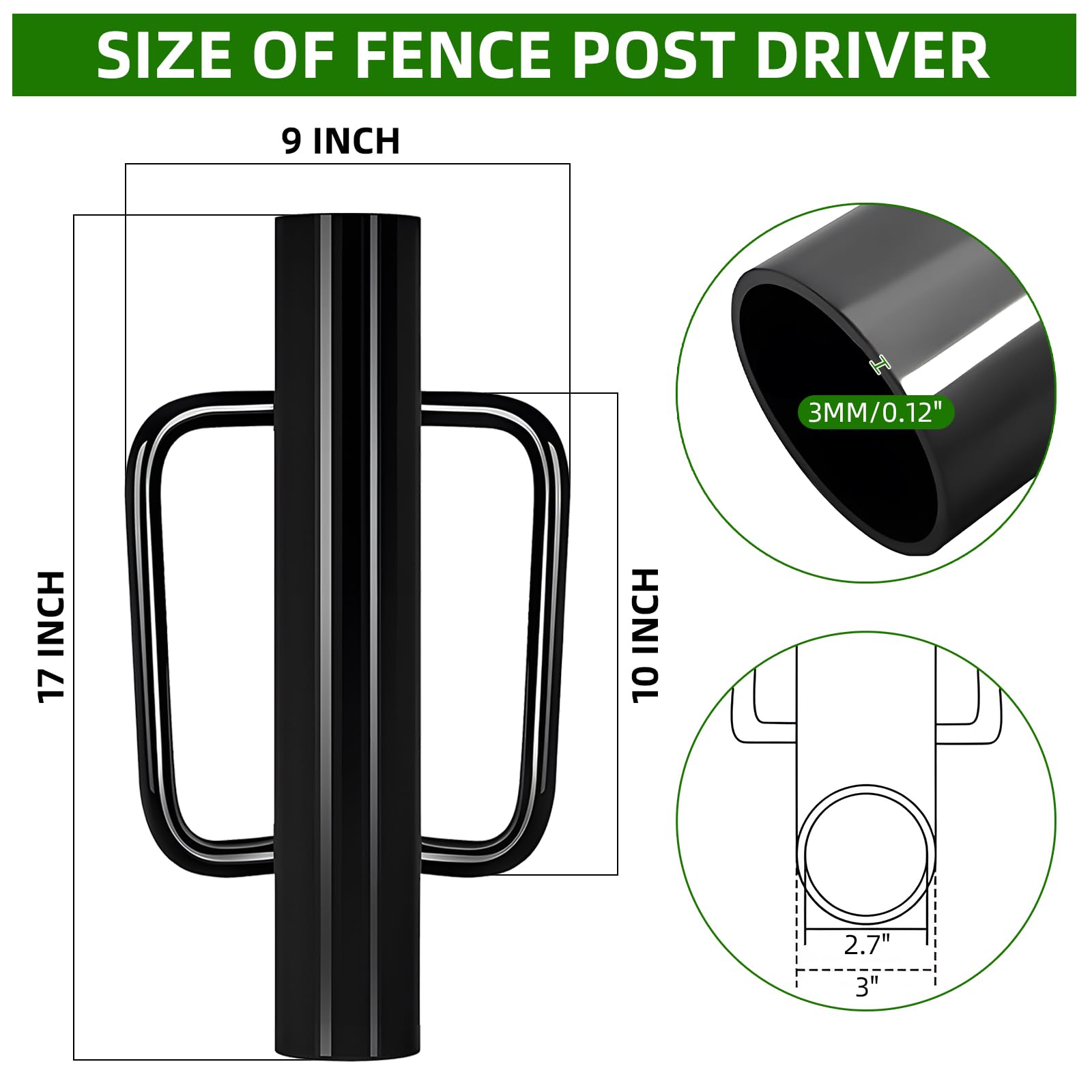 Destornillador de poste de valla con asa, instalador de valla de metal resistente negro de 12 libras, máquina de estacas de reparación de postes de valla