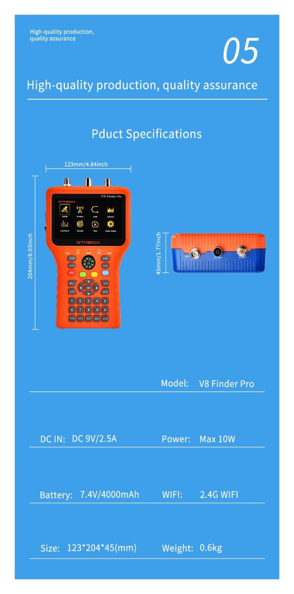 Buscador de satélite Medidor DVB-S2/T2/C Combo HD Digital H.265 HEVC MPEG-4 Buscador de señal terrestre