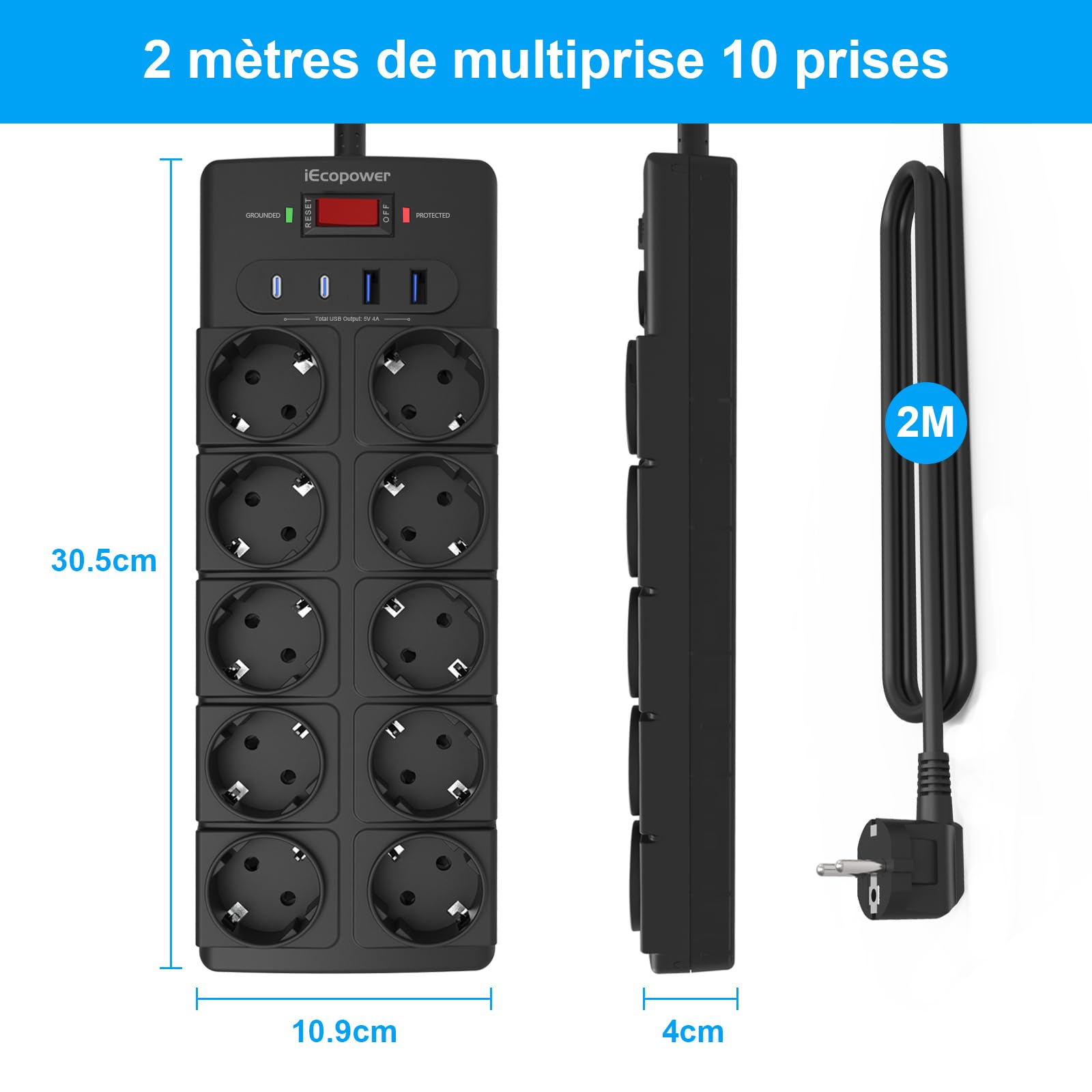 IECOPOWER multiprise 10 Prises,USB multiprise(PD 20W 2 USB-C Ports et 2 USB-A Ports), multiprise avec Interrupteur,4000W/16A,1050 J, multiprise parafoudre et câble d'extension de 2 m, Noir