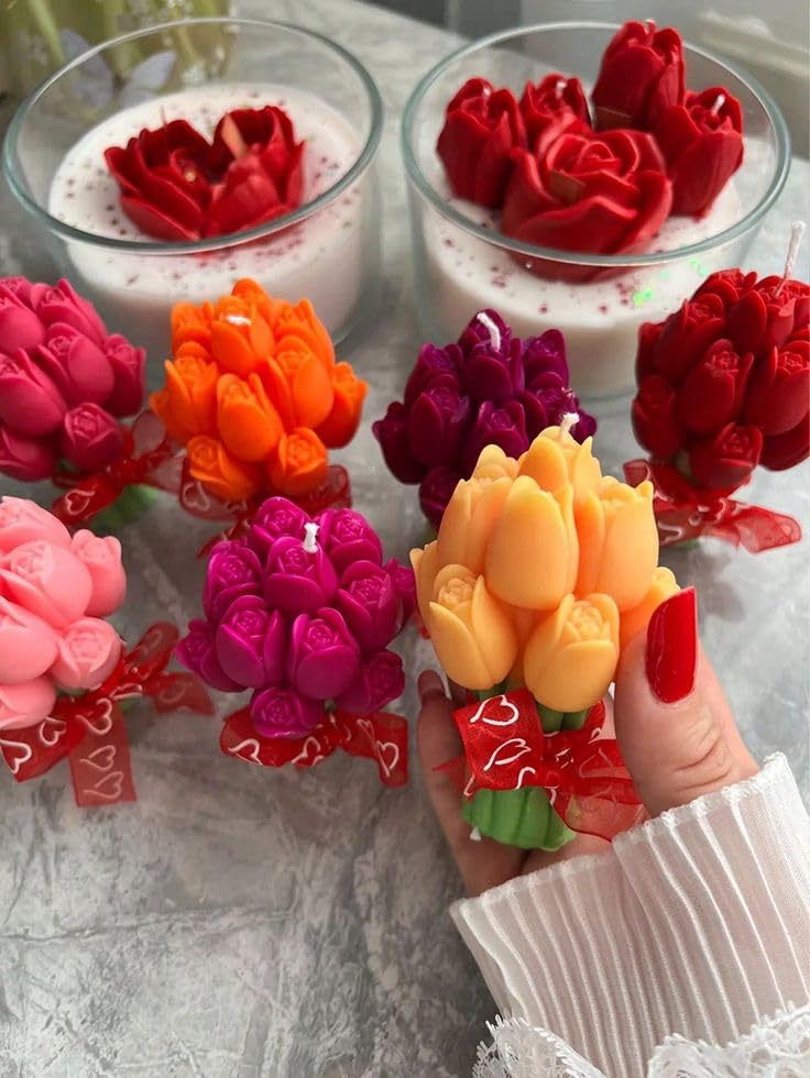 Image of Tulip Flower Scented Candle, Pink and Green, Decorative Bouquet Design for Home Decoration and Gift (6, Yellow)
