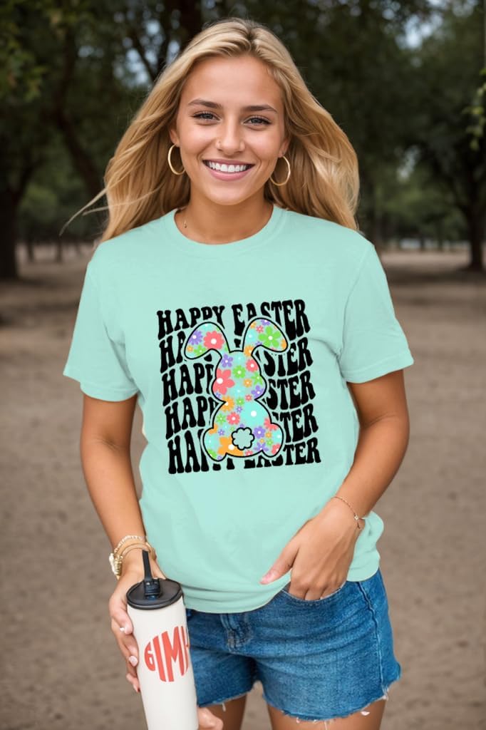 Easter Shirts for Women V Neck Happy Easter T Shirt Easter Bunny Shirt Cute Rabbit Graphic Tee Gift Spring Tees Tops - Image 2