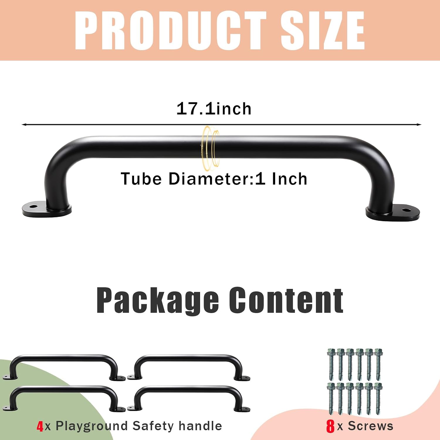 4 Pack 17”Metal Playground Safety Handles, Non-Slip Grab Bars for Kids Playsets, Indoor Ceiling Grab Bars and Outdoor Monkey Bars Playgrounds Climbing Frames,Treehouses and Wall ladders