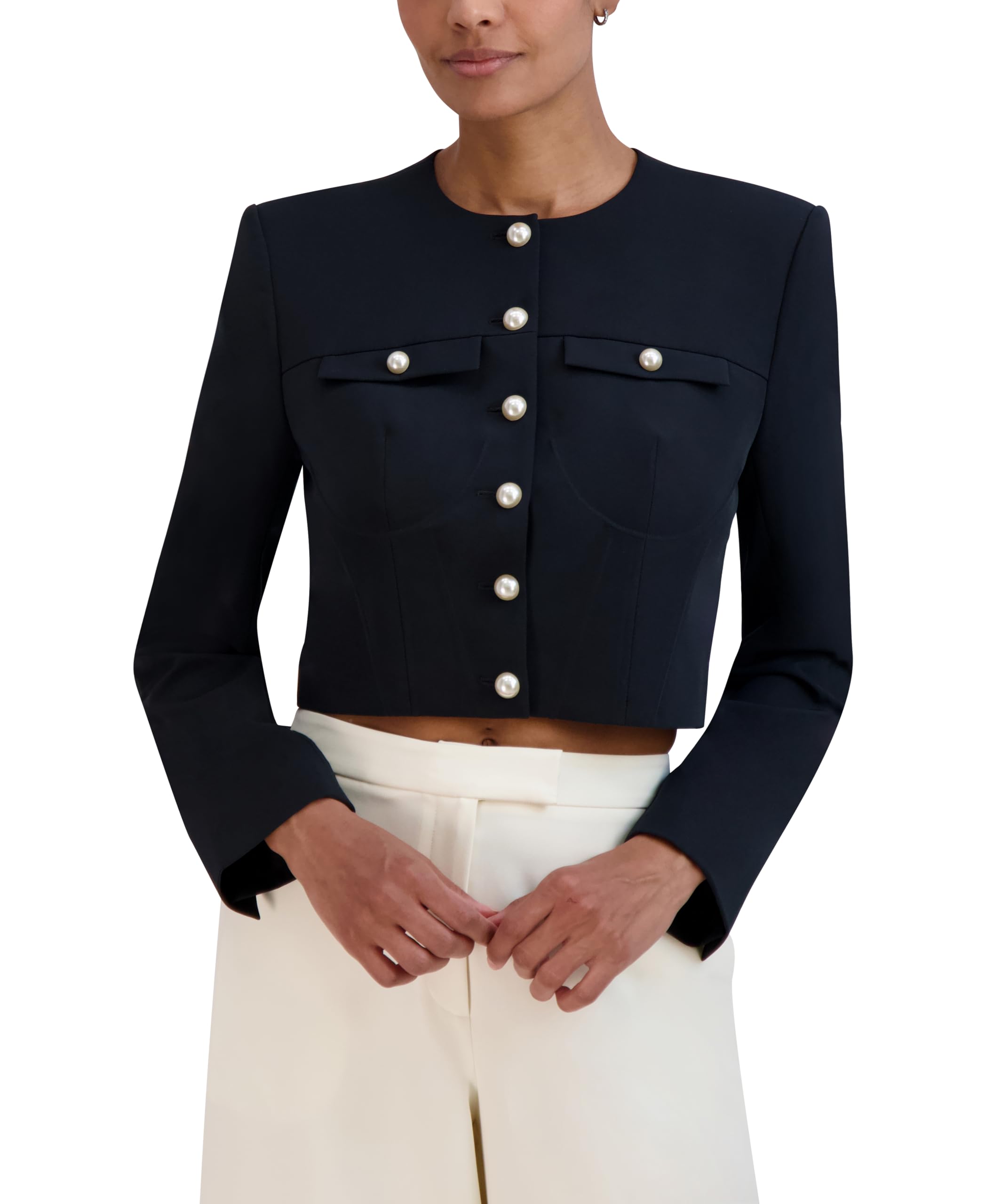 BCBGMAXAZRIA Womens Round Neck Relaxed Style Corset Jacket