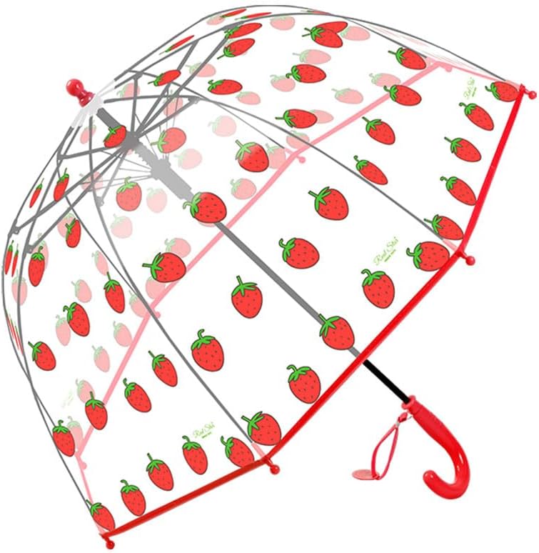Merciband Kids clear Bubble dome type umbrella Strawberry (3 color) Easy Grip Curved Handle, Safety Transparent