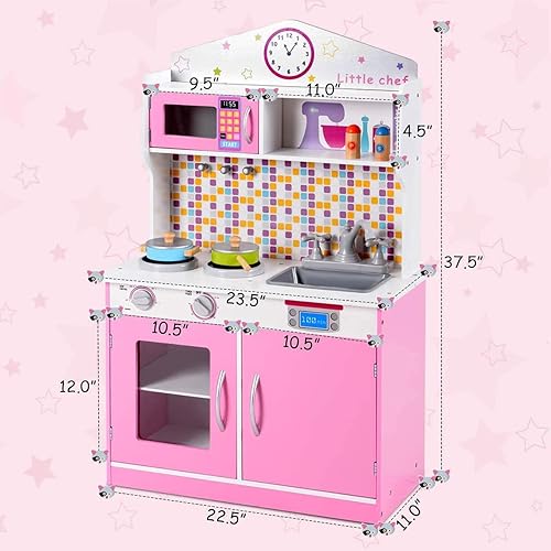 Miniatura 7 de OLAKIDS - Juego de cocina para niños, juego de alimentos de cocina de madera para niños pequeños con estufa de simulación, microondas, horno,