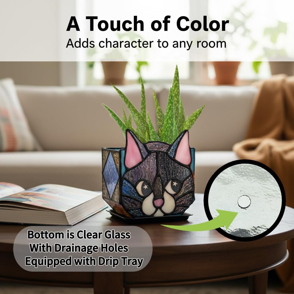 Star Black Cat Decorative Flower Pot, Handcrafted Ceramic Planter with Star Eyes, Modern Home Garden Decor