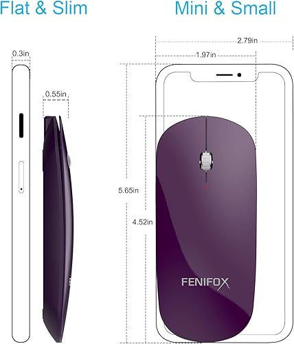 Miniatura 2 de FENIFOX Ratón Bluetooth delgado, silencioso y portátil, portátil, recargable, compatible con laptop, PC, Android Windows Tablet (morado)