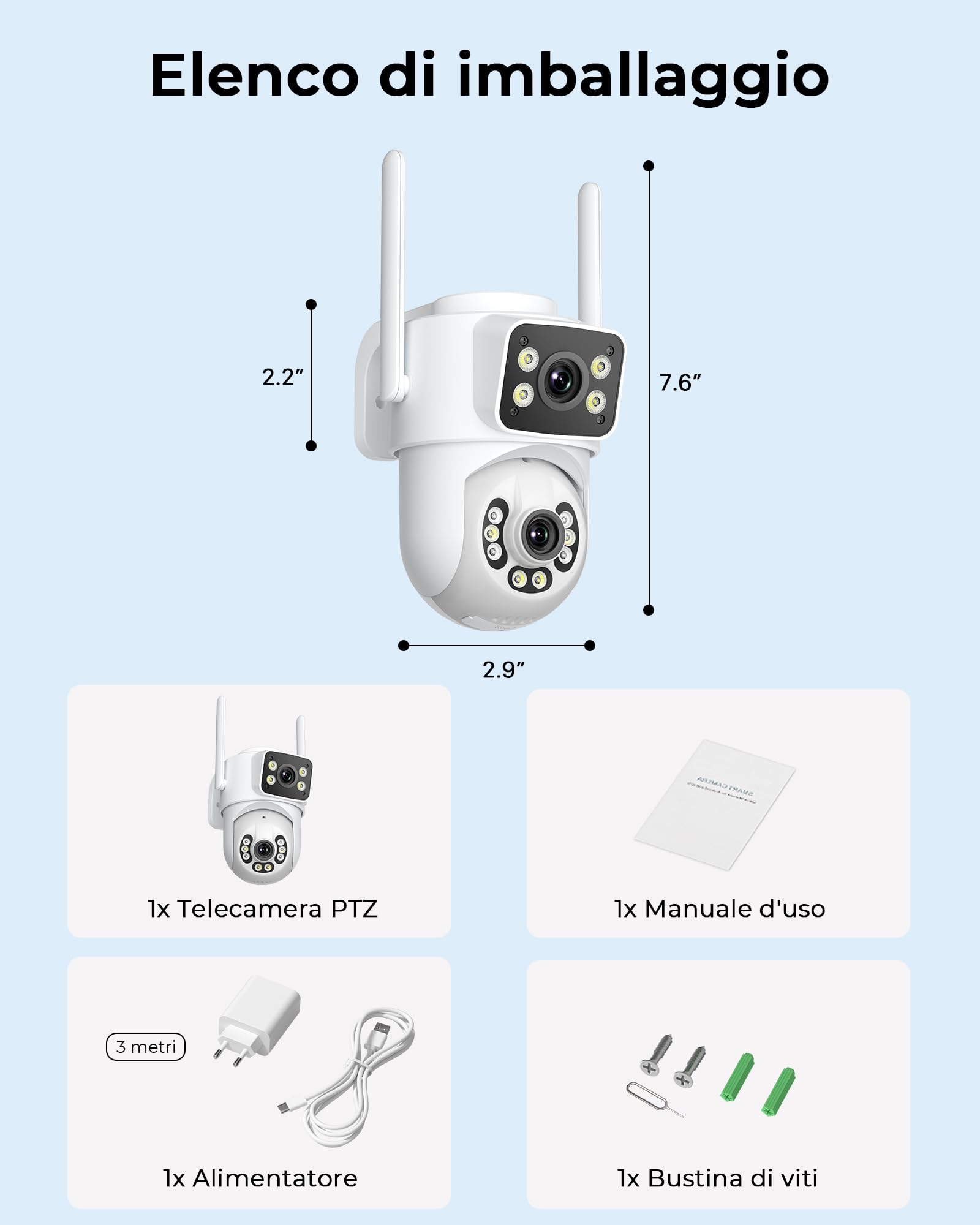 ANBIUX 2K Telecamera Wi-Fi Esterno | con Doppio Obiettivo,Supporta WiFi 2,4/5 GHz, tracciamento automatico PTZ a 360°,Visione Notturna,Audio Bidirezionale,2m Cavo