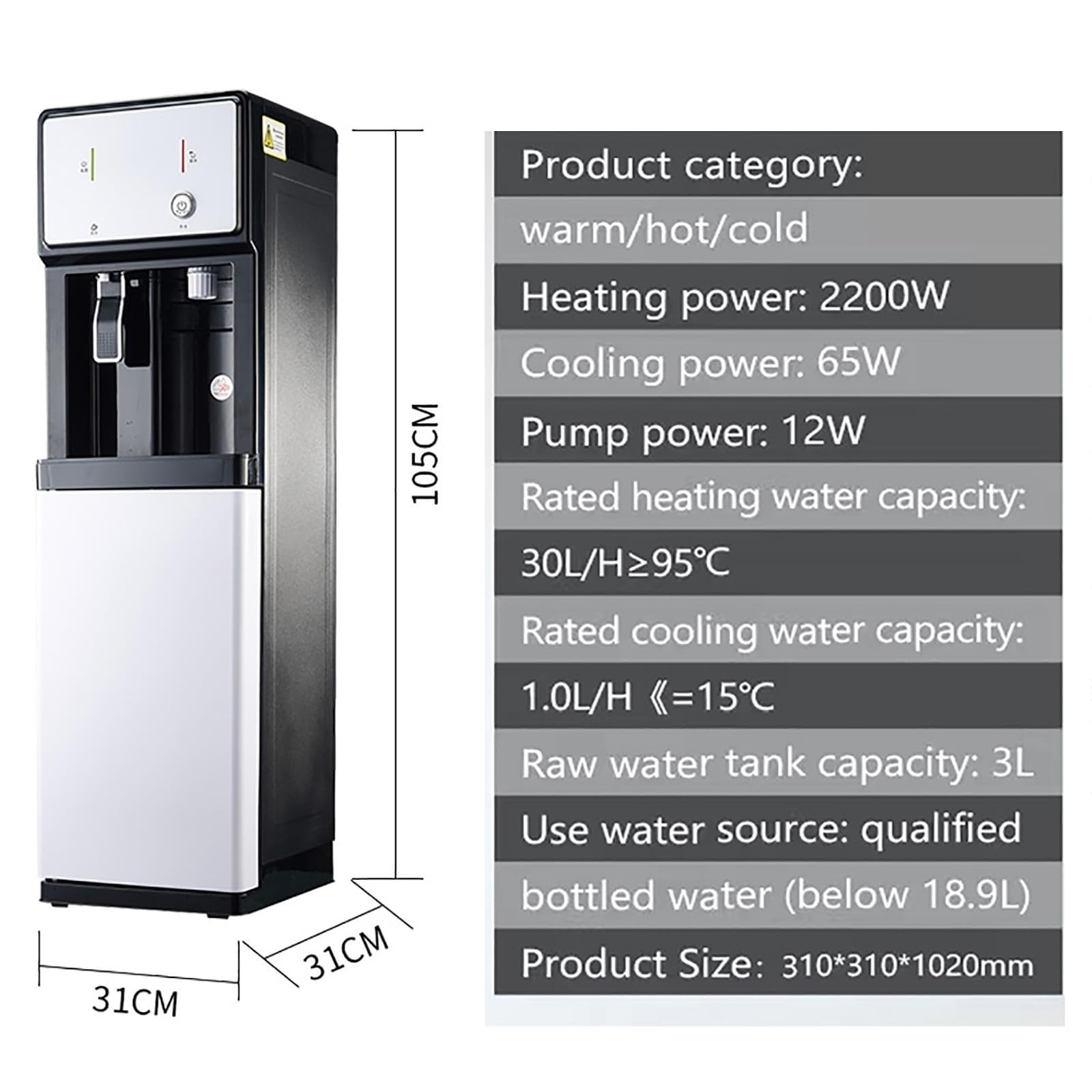 Distributore d'acqua autonomo alimentato dalla rete elettrica, distributore di acqua calda e fredda/ghiacciata, presa di corrente necessaria per uso domestico e per piccole aziende, palestre e centri