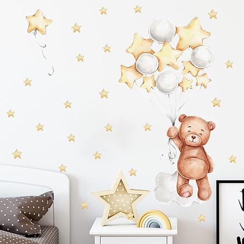 Miniatura 5 de Bonito oso con globos y estrellas, decoración de habitación del bebé, calcomanías de pared de vinilo para niños, niñas, dormitorio, guardería, aula,