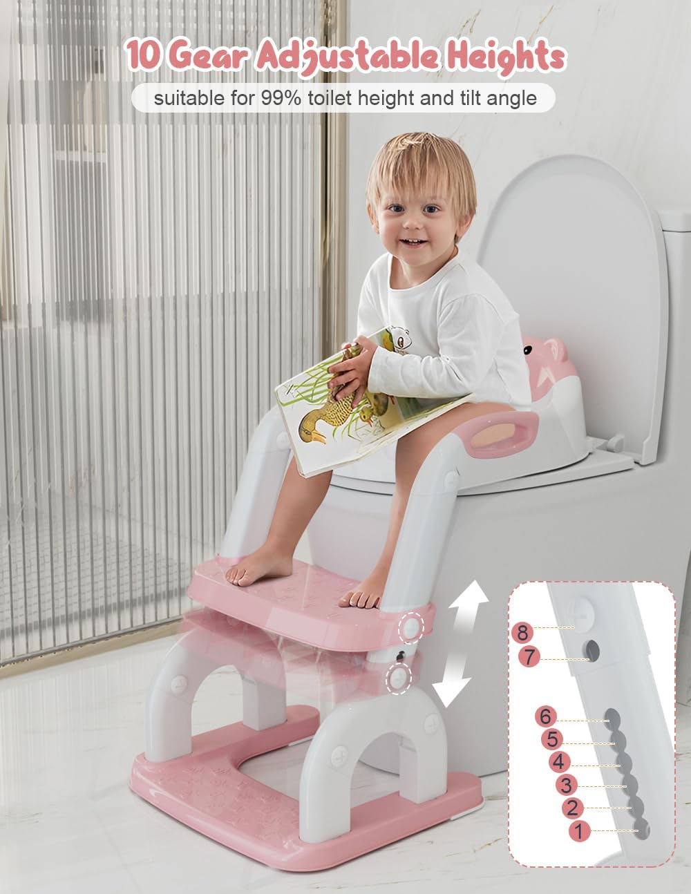 Potty Training Seat with Step Stool, Toddler Potty Training Toilet Seat with Non-Slip Step Splash Guard Safety Handles and Waterproof Cushion, 2 In 1 Toddler Potty Seat