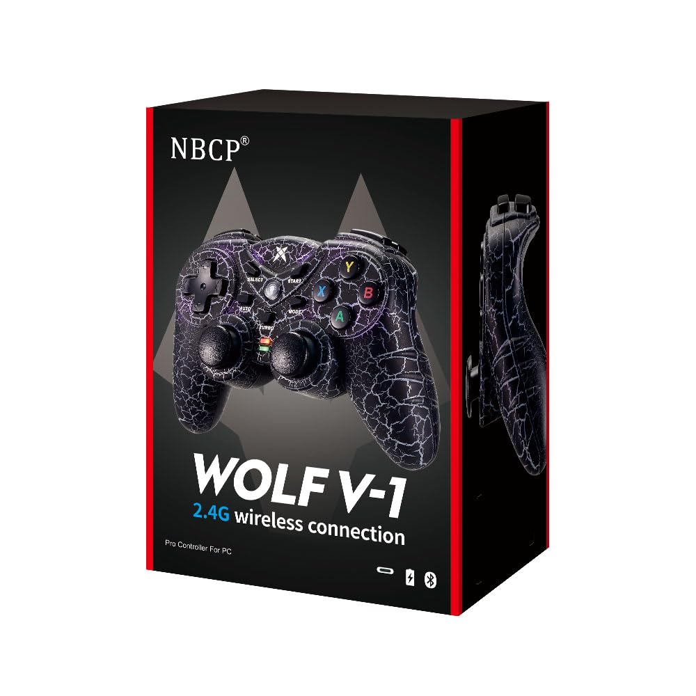 NBCP PC Wireless Game Controller mit Dual Vibration, 2.4G Gaming Joystick, RGB Beleuchtung und Turbo Funktion für Windows 7/8/10/11 & Steam