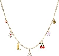 Korotho 14K Gold Plated Cowgirl Initial Necklace for Women - Dainty Personalized A-Z Charm with Boots, Cherry, Heart - Adjustable Beach Choker