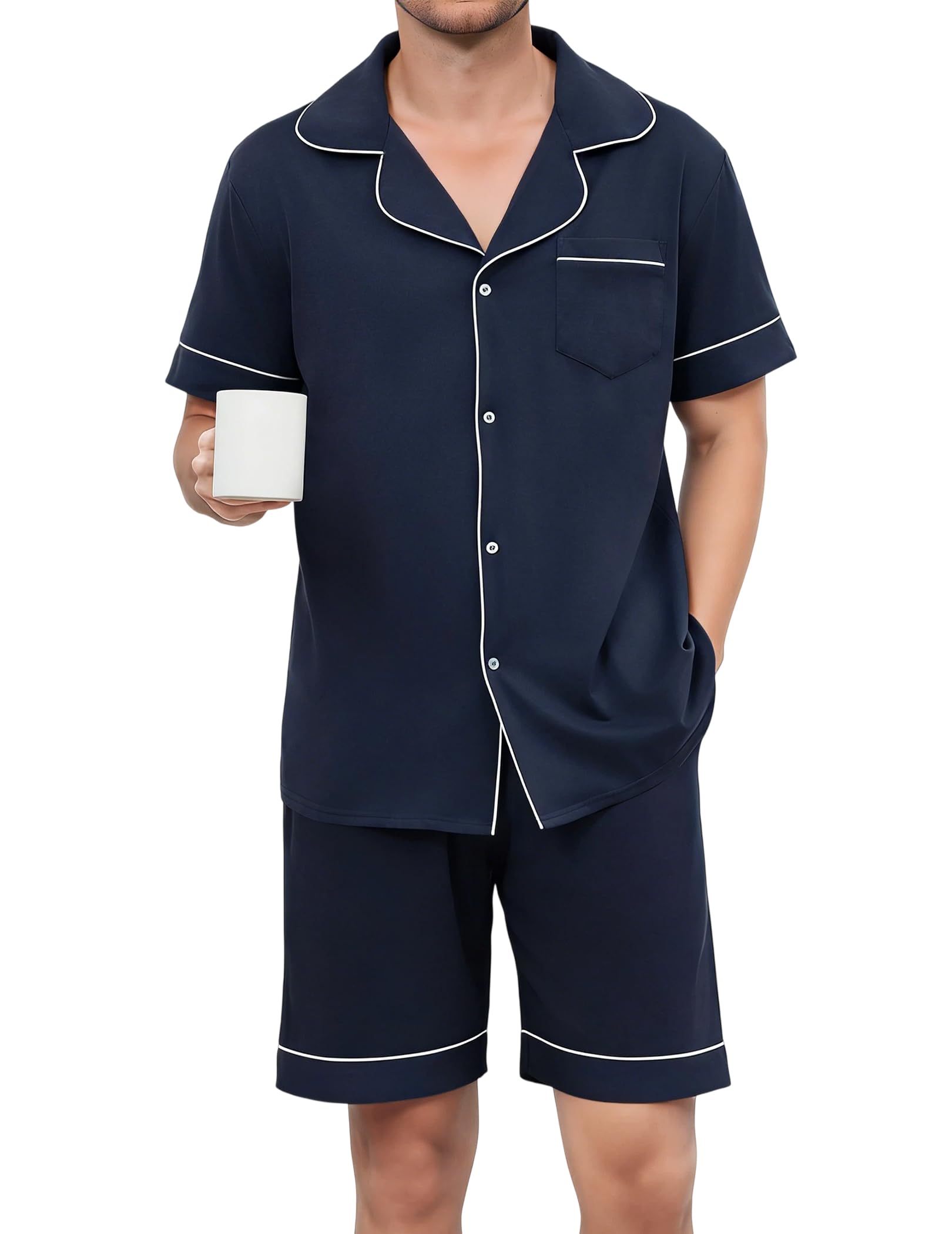 Men's Short Sleeve Pajama Set Classic Button Down Pajamas Cotton Short Sleepwear Elegant Lounge Summer Mens Pjs Sets-image-36