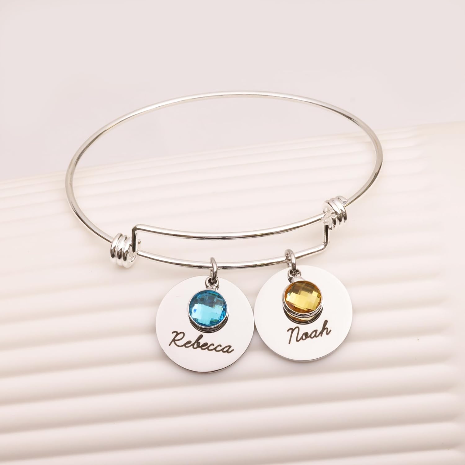 Personalized Birthstone Bangle Bracelet, Custom Engraved Name Charm Jewelry for Mom Grandma Wife Girls, Gifts for Valentine's Day, Mother's Day, Matching Bracelets for Best Friends Mom and Daughter