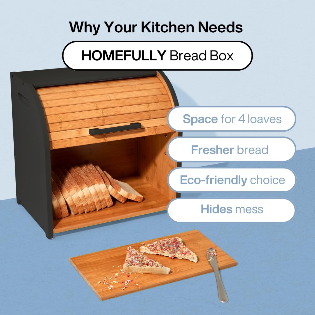 FULLY - Panera de bambú de doble capa para encimera de cocina, madera enrollable, almacenamiento extra grande, contenedor de madera moderno (negro)