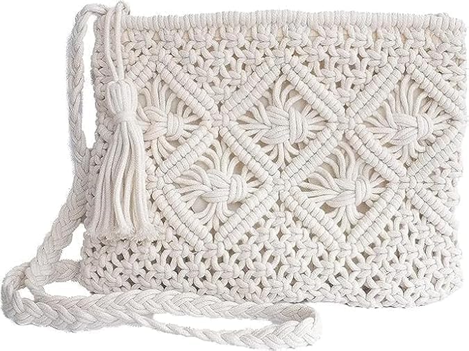 Women Handmade Macrame Bag - Boho-Chic Cotton Crossbody Tote With Tassels, Eco-Friendly, Stylish Shoulder Bag For Everyday Use Collection, Off White