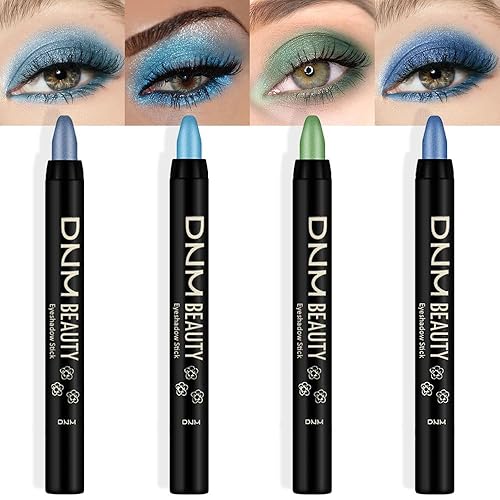 Kaely Juego de 4 barras de sombra de ojos en crema para ojos, azul cielo deslumbrante, azul verdoso, cian, azul real, iluminador de ojos, maquillaje