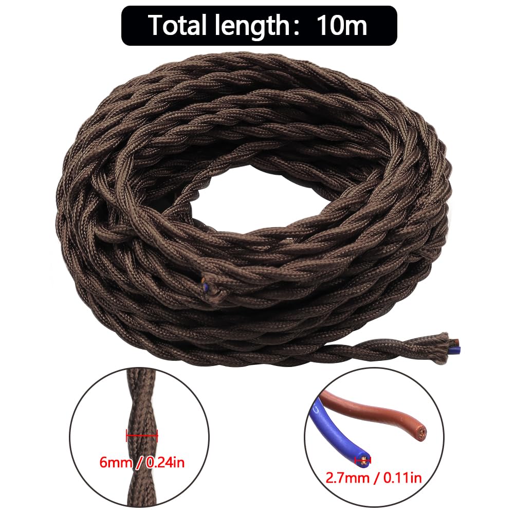 10 Metros de Cable Textil de Lino Vintage Marrón Cable Eléctrico Tejido Flexible Adecuado Para Lámparas y Accesorios de Iluminación de Bricolaje(2 * 0,75 mm²)