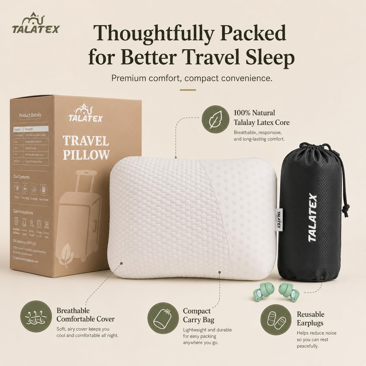 Talatex Oreiller de camping en latex naturel pour adultes, petit oreiller de voyage compact et pliable, pas de gonflage nécessaire, confort hôtelier pour tente ou camping-car, avec housse lavable