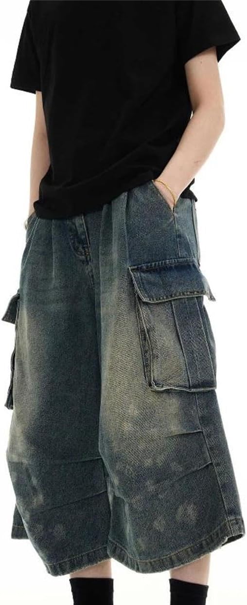 Men's Zipper Fly Straight Leg Knee Length Overalls Pleated Shorts Retro Casual Style Pants for Everyday Activities