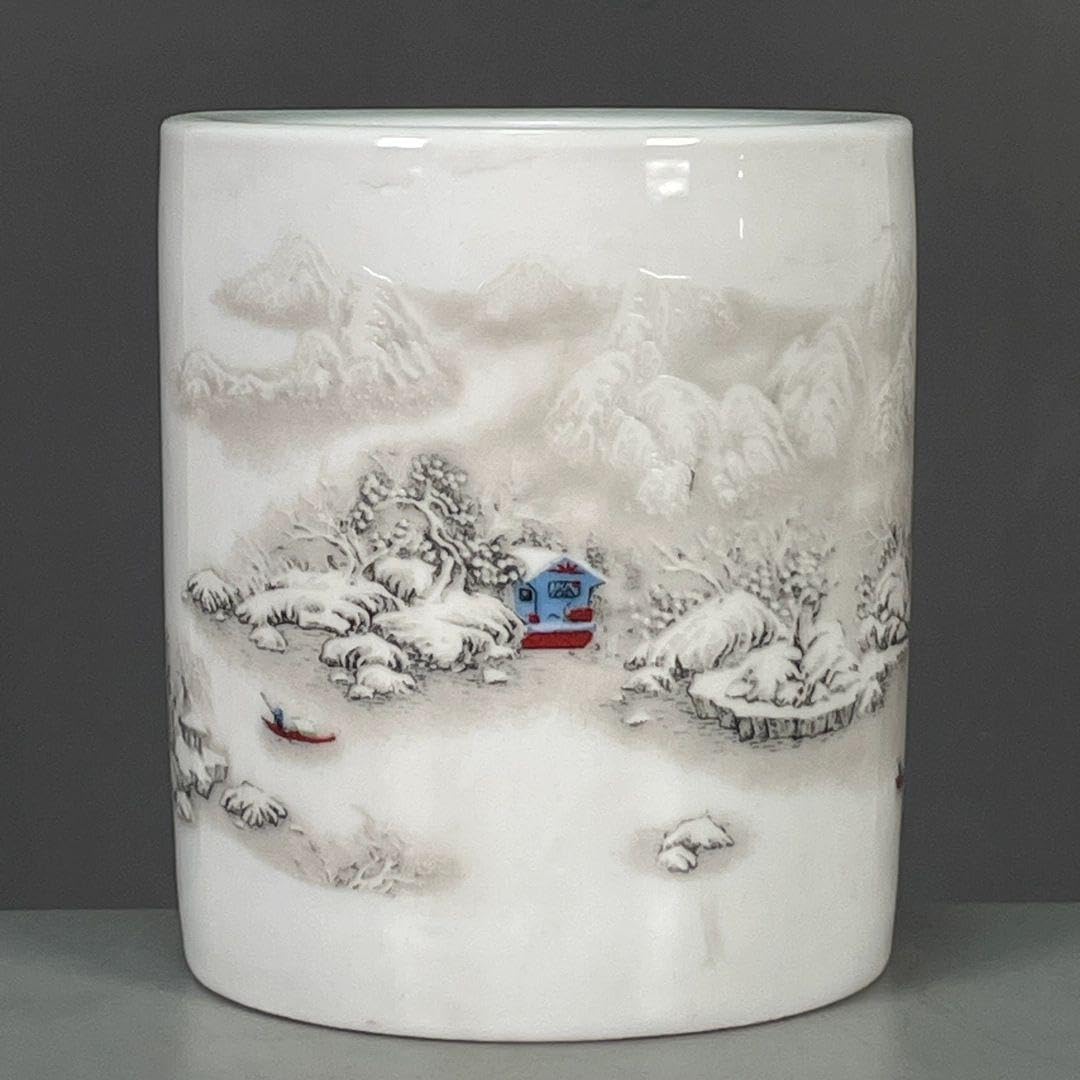 粉彩雪景図紋筆筒 書道具 文房具 筆置 筆入 現代工芸品 美術品 装飾品 置物