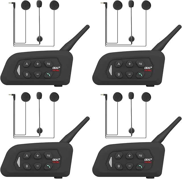 GaiRen V4 Plus Motorcycle Bluetooth Helmet Intercom Headset, 4 Rides Group Communication System for Motorcycling Soccer Referees Skiing ATV/Off Road (4 Pack)