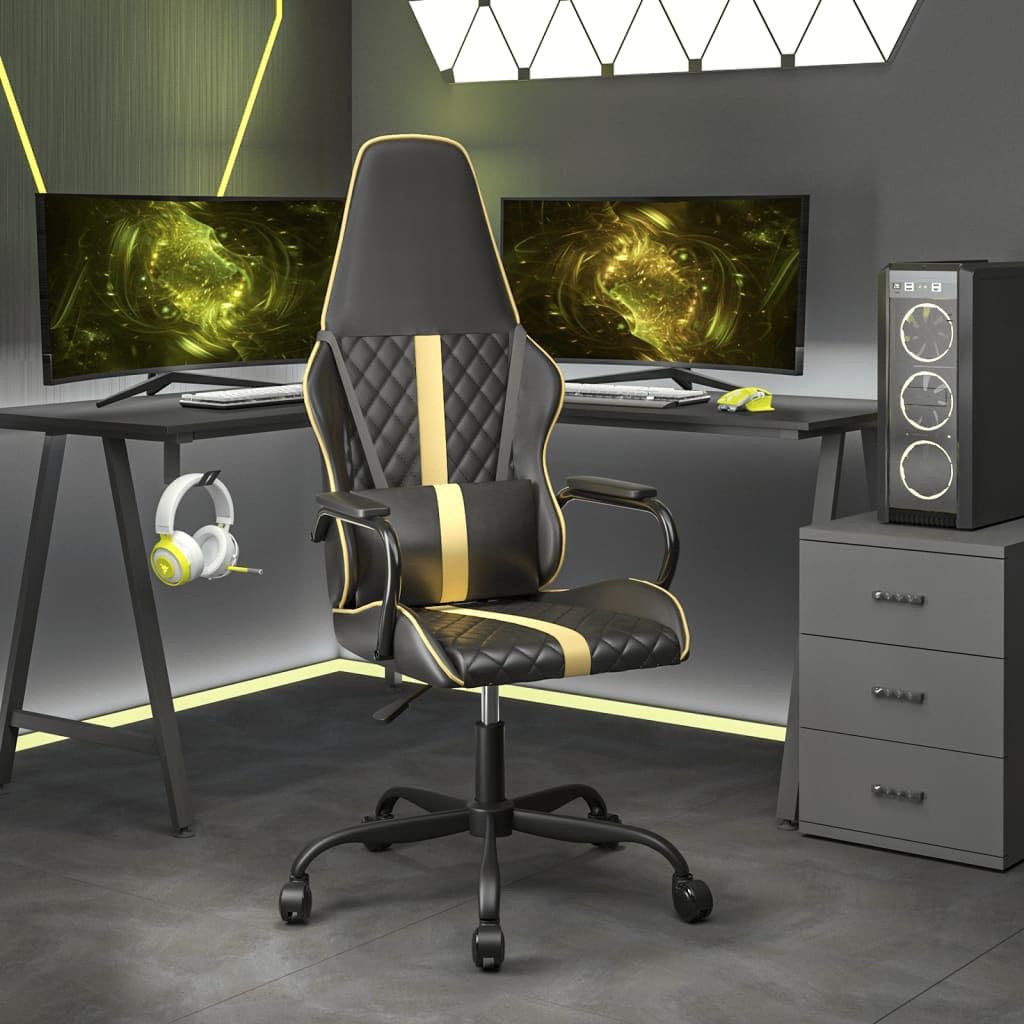 Chaise de jeu en cuir synthétique doré noir avec accoudoirs et roulettes
