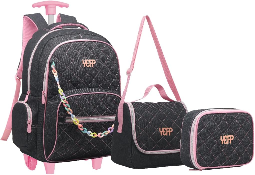 Kit Mochila Escolar Rodinha Menina Com Estojo Lancheira Jeans