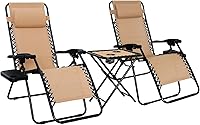 Amazon Basics Zero Gravity Lounge Chairs 2-Pack - Adjustable Outdoor Reclining Folding Chairs with Cup Holders, Side Table, Headrest, Beige