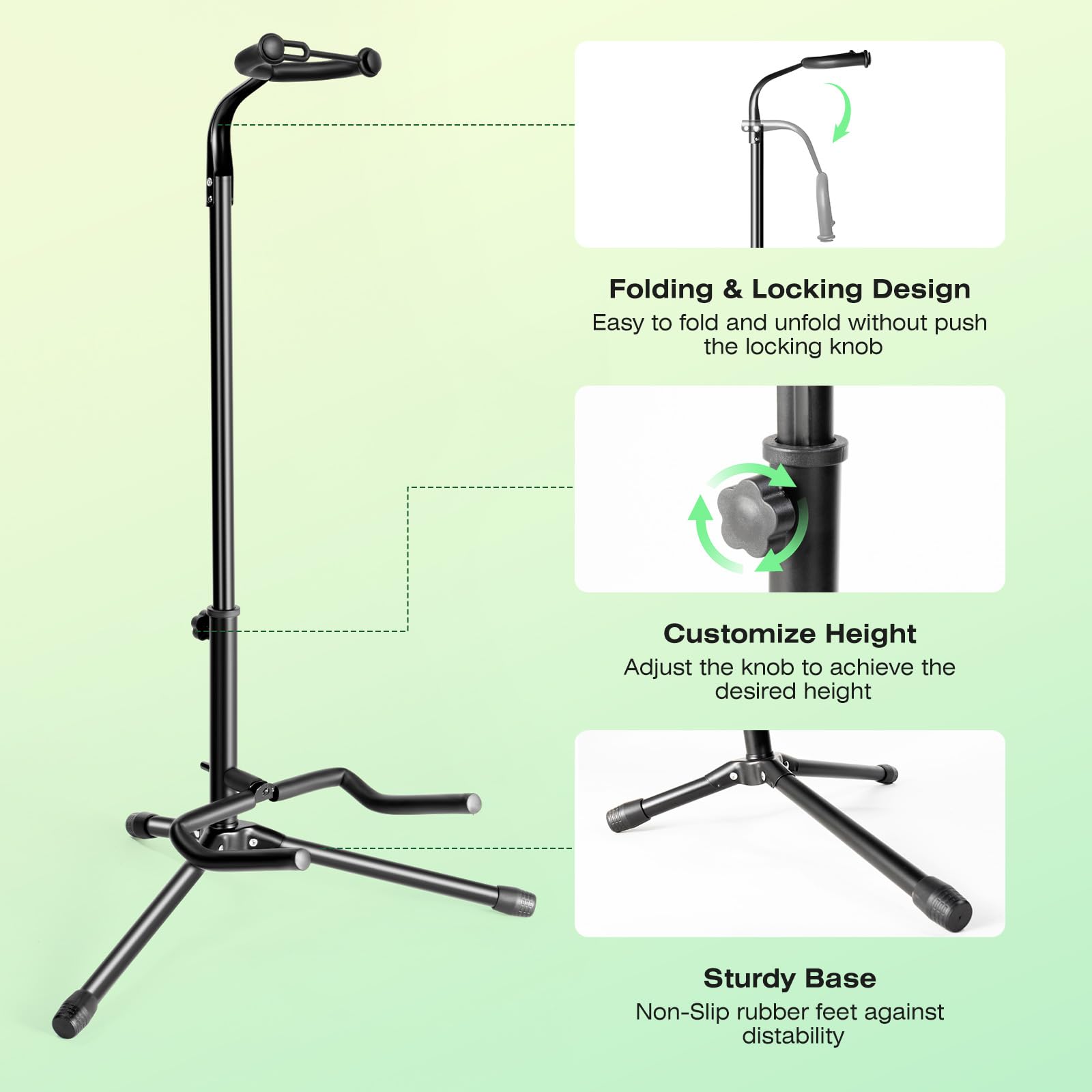Linrax Guitar Stand with Neck Holder, Folding Guitar Stand, Adjustable Height, Non-Slip Rubber and Foam Arms - Image 4
