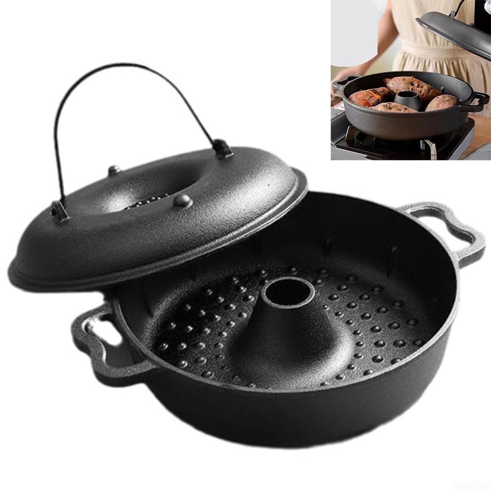 Gusseisen Bräter mit Deckel für Backofen Grillen und Outdoor Camping Kochen, 27 x 22 x 10 cm Runde Backform, Verdickte Schwarze Gusseisen Grillpfanne für Süßkartoffeln Huhn