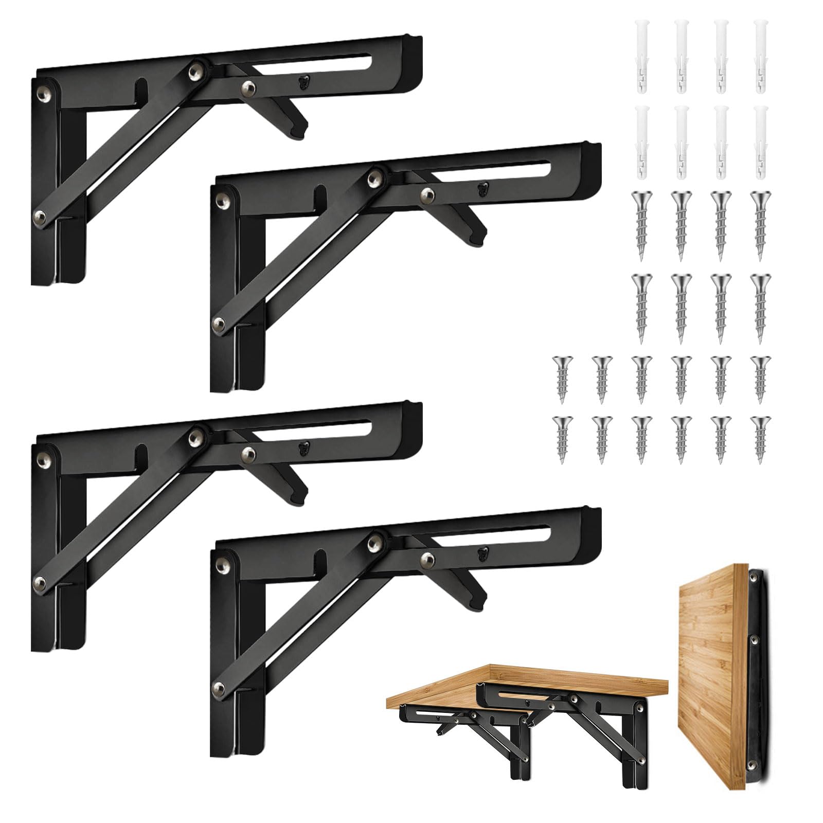 Tesyeux Wall Mount Folding Brackets, Pack of 4, Black, Stainless Steel, 8 Inch, Wall Mount