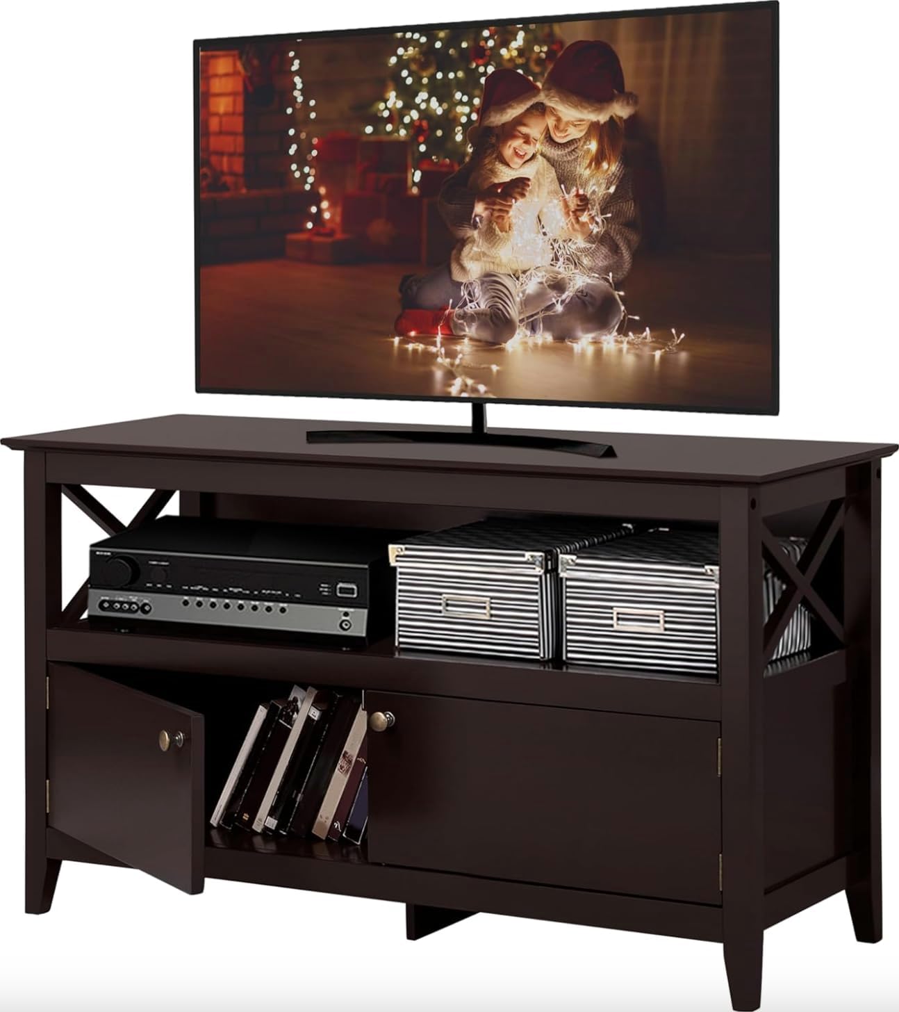44" Wooden Storage Cabinet TV Stand Enclosed Pop Up TV Entertainment Center with Bookshelves