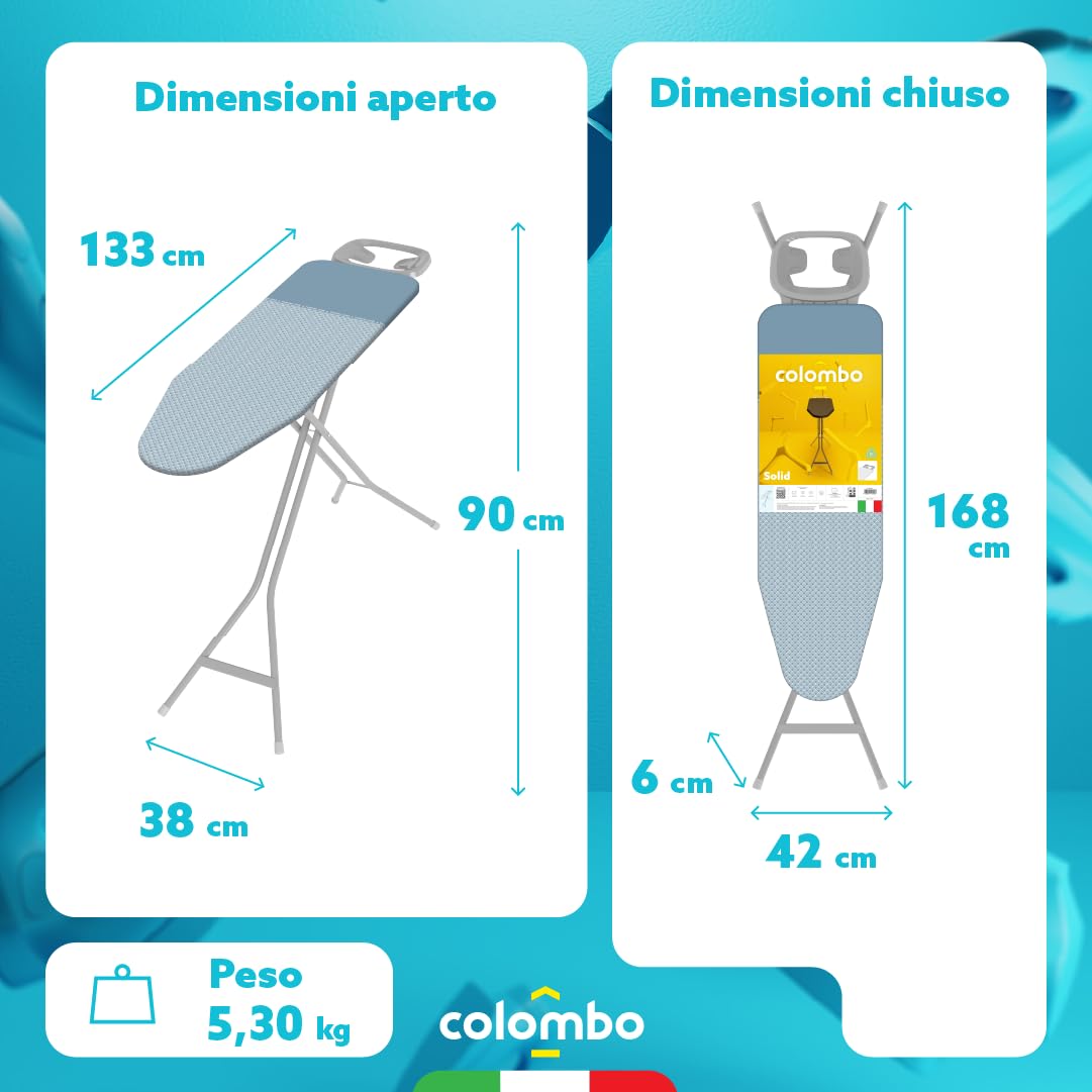 Colombo Asse da Stiro Solid Jr 114x36cm con Poggiaferro Rinforzato | Asse da Stiro Pieghevole Altezza Regolabile Max 90cm con Foderina in Cotone Biologico e Parking Zone Ferro da Stiro | Made in Italy