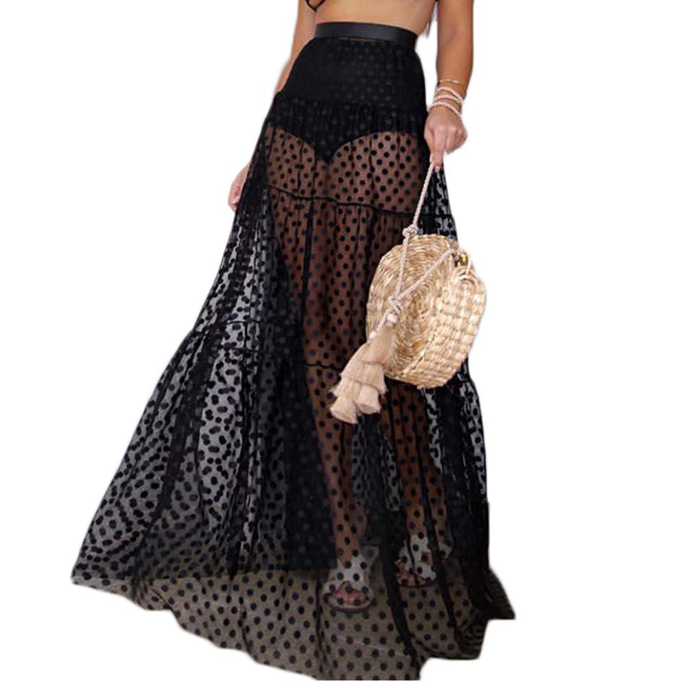 Cikixz Women's Black Mesh Sheer See Through Maxi Skirt Cover Up Retro Dot Flowy Pleated Beach Skirt (, Xl)