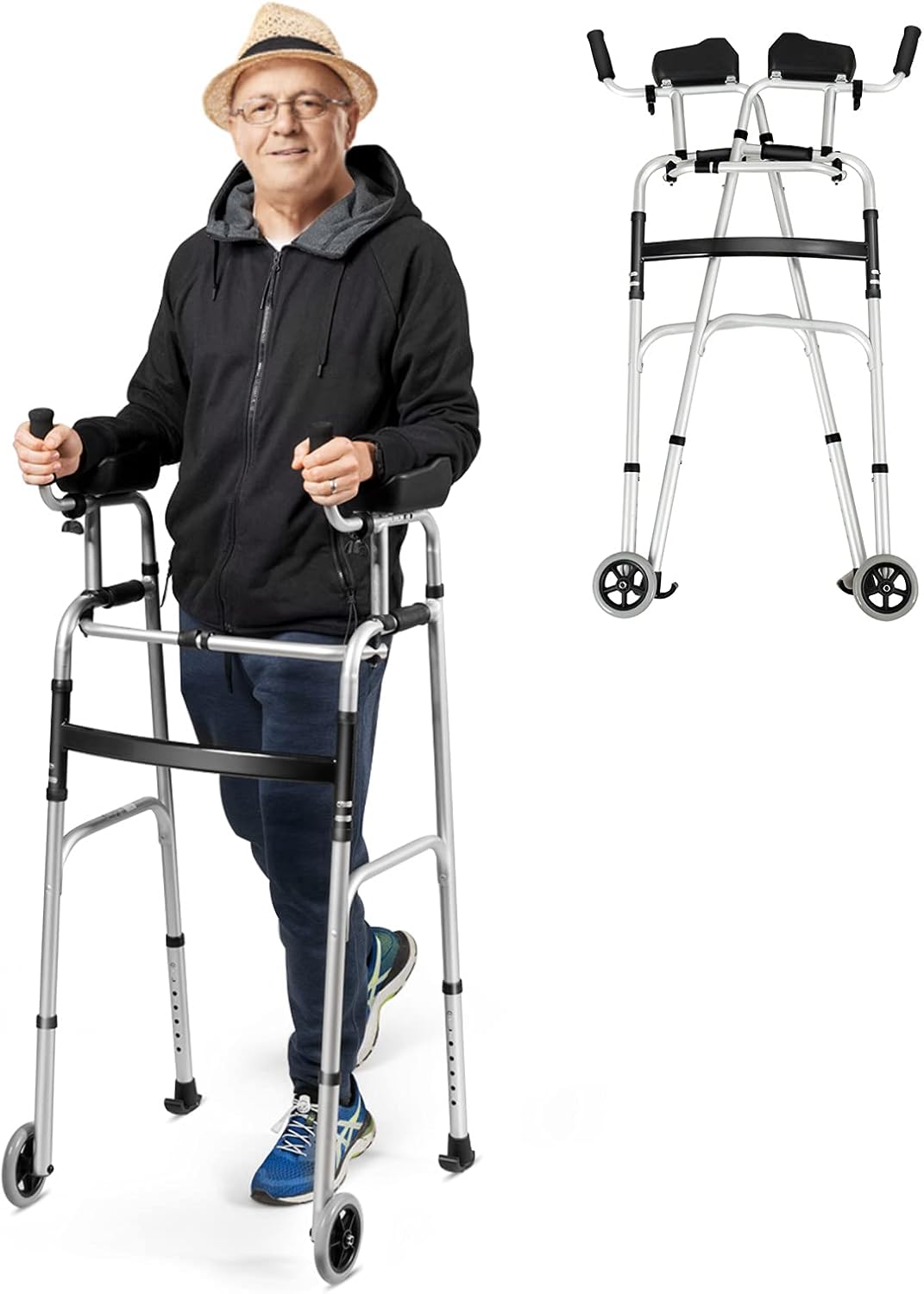 GYMAX Folding Walker, Adjustable Standard Walker with Removable Armrest, Seat, Wheeled Rolling Rehabilitation Auxiliary Walking Aid for Senior, Disabled, Limited Mobility (Silver) : Health & Household