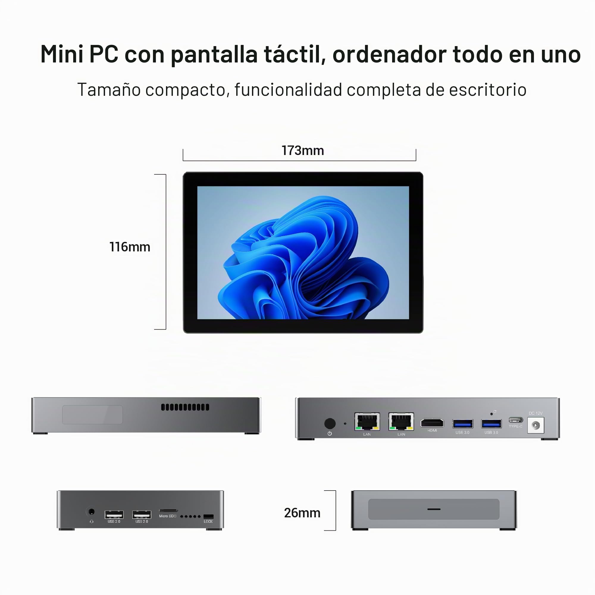 Mini PC Win 11 Pro, 12th Gen N95 (3.4 GHz), Pantalla de 7 Pulgadas 8GB RAM 128GB eMMC con Batería, USB-C Mini Computers, 2.5GbE LAN Desktop Computer, Dual Display 4K 60Hz HDMI BT WiFi 5