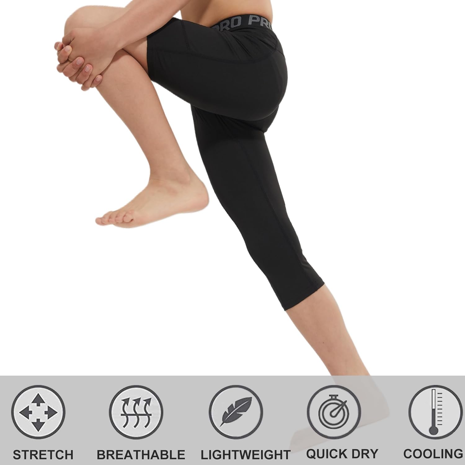 2 Pack Boys One Leg Compression Tights Youth 3/4 Football Pants Basketball Capri Leggings Athletic Baselayer Kids - Image 5