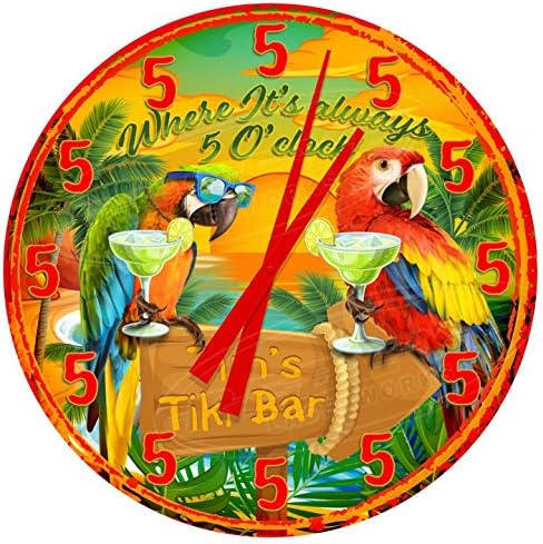Decorative Concepts Tiki Bar Always 5 O'clock 18" Diameter Aluminum Metal Round Wall Clock