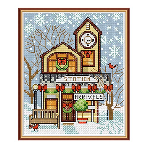 Image of Howie's Needlepoint 14CT Pre-Printed Cross Stitch Kits,Embroidery Patterns Starter Kits,Needlepoint Kits - Christmas Cottage