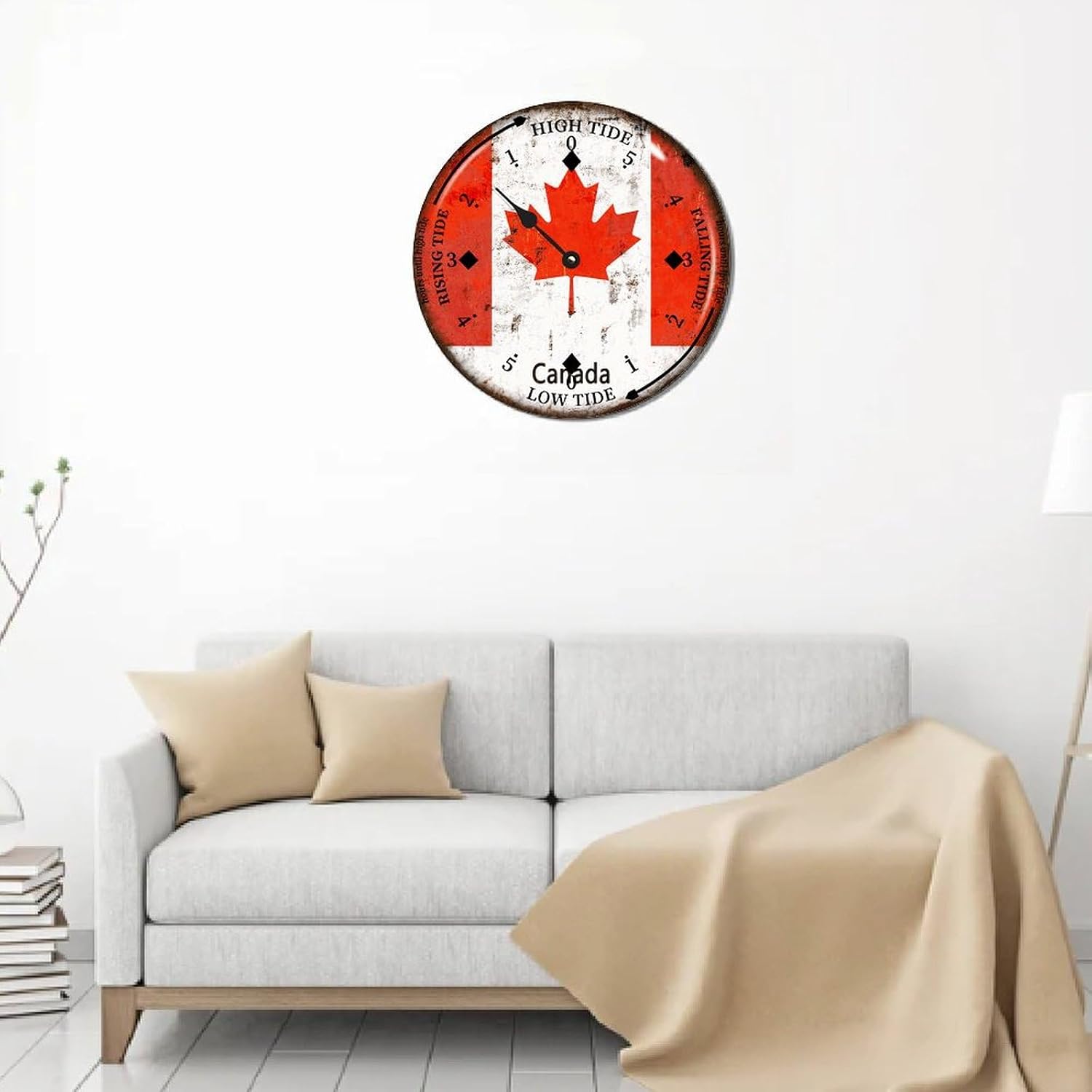 Canada National Flag Tide Clock Canada Wood Tidal Clock with High Tide Low Tide Non-Ticking Tide Clock 15in Wall Tide Movement Clock for Wall Decor Boat Accessories